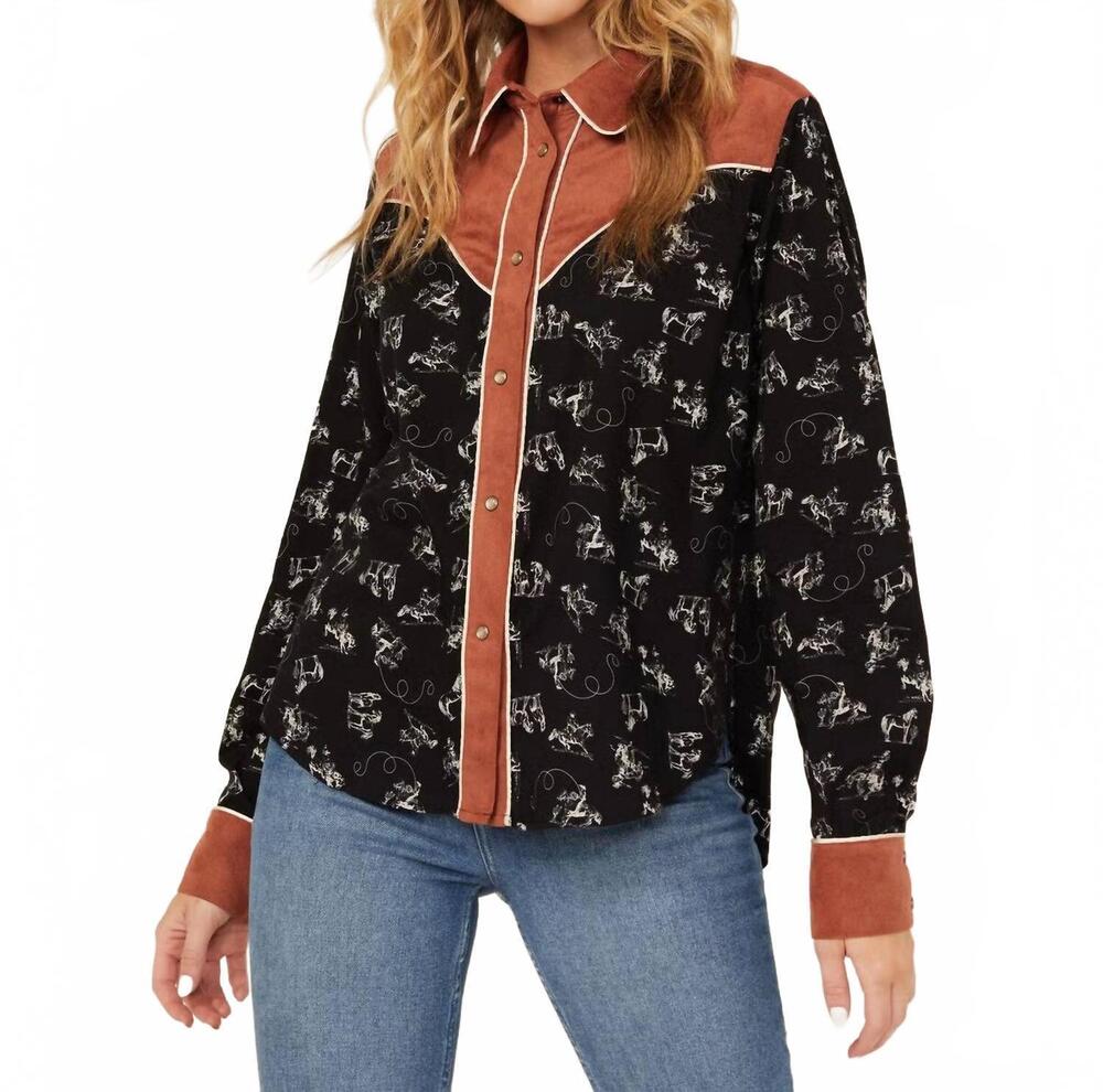 NEW CRUEL GIRL conversation print long sleeve snap western shirt in black